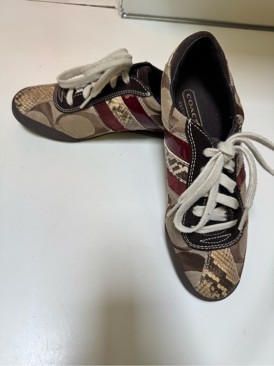Coach Shoes - Coach Brown Burgundy patent suede logo, snake skin Signature Canvas sneakers 7.5